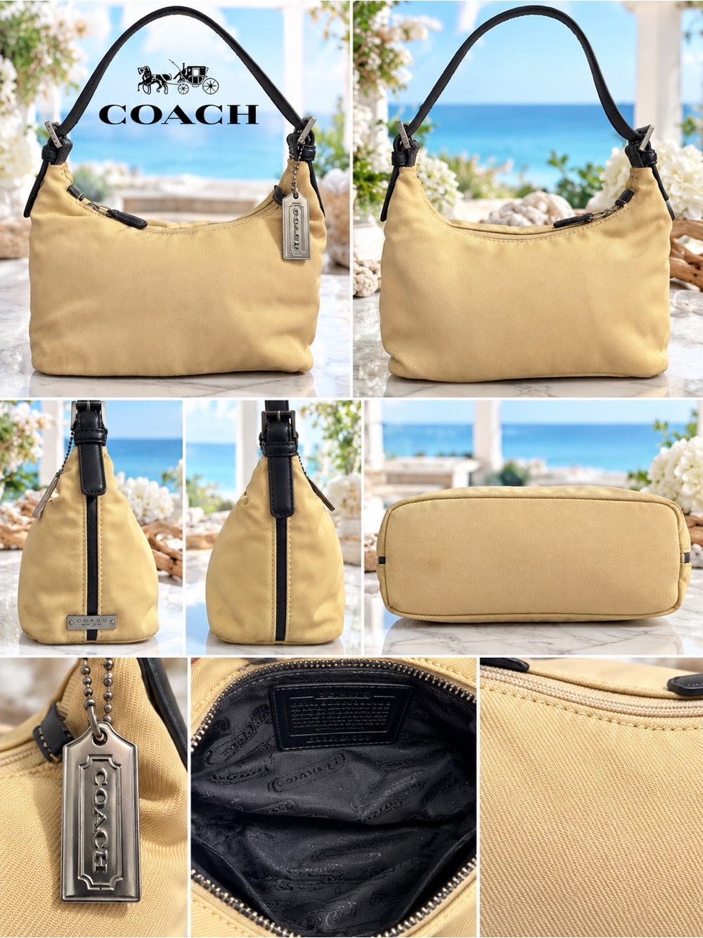 Vintage Coach Mercer 7428 Cream Black Twill Leather Y2K Mini Hobo Bag